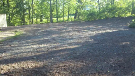 A freshly hydroseeded slope on a residential property, green growth established across the grade